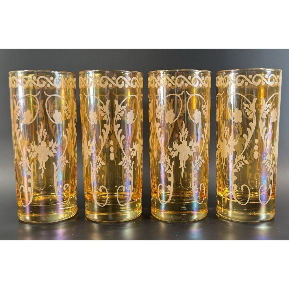 Vintage Cristal 3A Italy Iridescent Amber Etched Highball Glasses Set 4 Floral